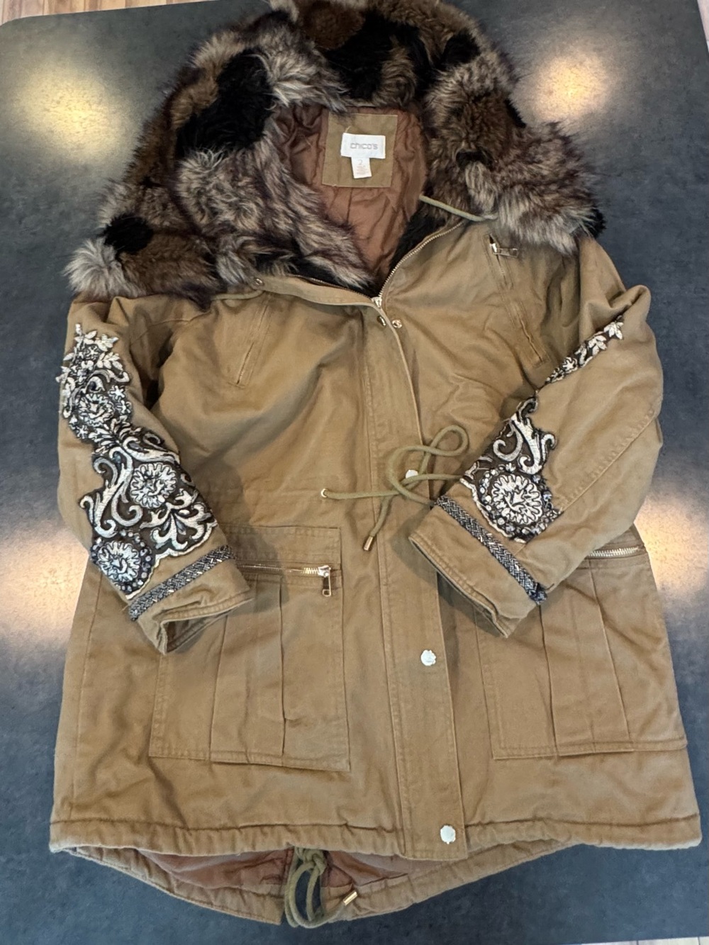 Chico’s Faux Fur Hooded Utility Jacket w/ Embroidered Sleeves Size 2